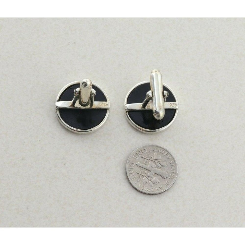 Men's Sterling Silver and Black Bullet Back Cufflinks - Picture 2 of 6